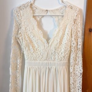 Ivory floral lace long sleeve open back wedding bridal rehearsal dress